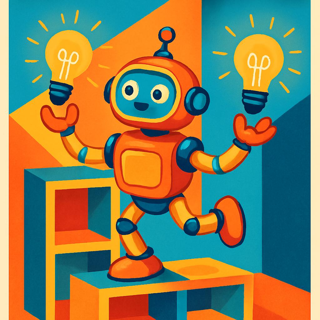 An absurdly tall orange robot with blue accents holding a yellow lightbulb in each hand.