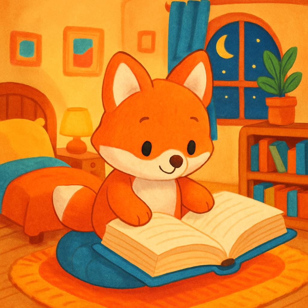 A cartoon illustration of a fox sitting in a bedroom reading a book.