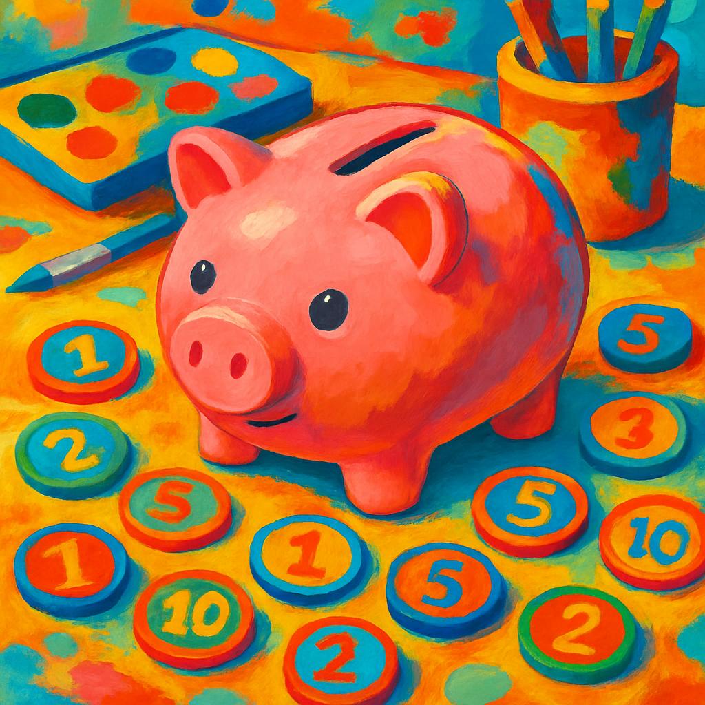 art painting of piggy bank amidst colorful fgames and marbles in vibrant colorful style.