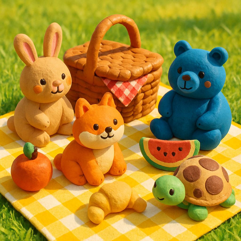 A collection of clay figurines arranged on a yellow and white gingham mat in an outdoor setting, featuring a basket, a rab...
