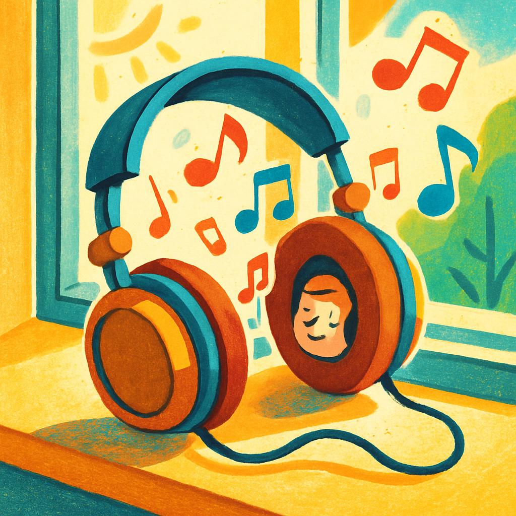 An illustration of a pair of headphones in front of a window, playing relaxing music with a person's face on the right ear...