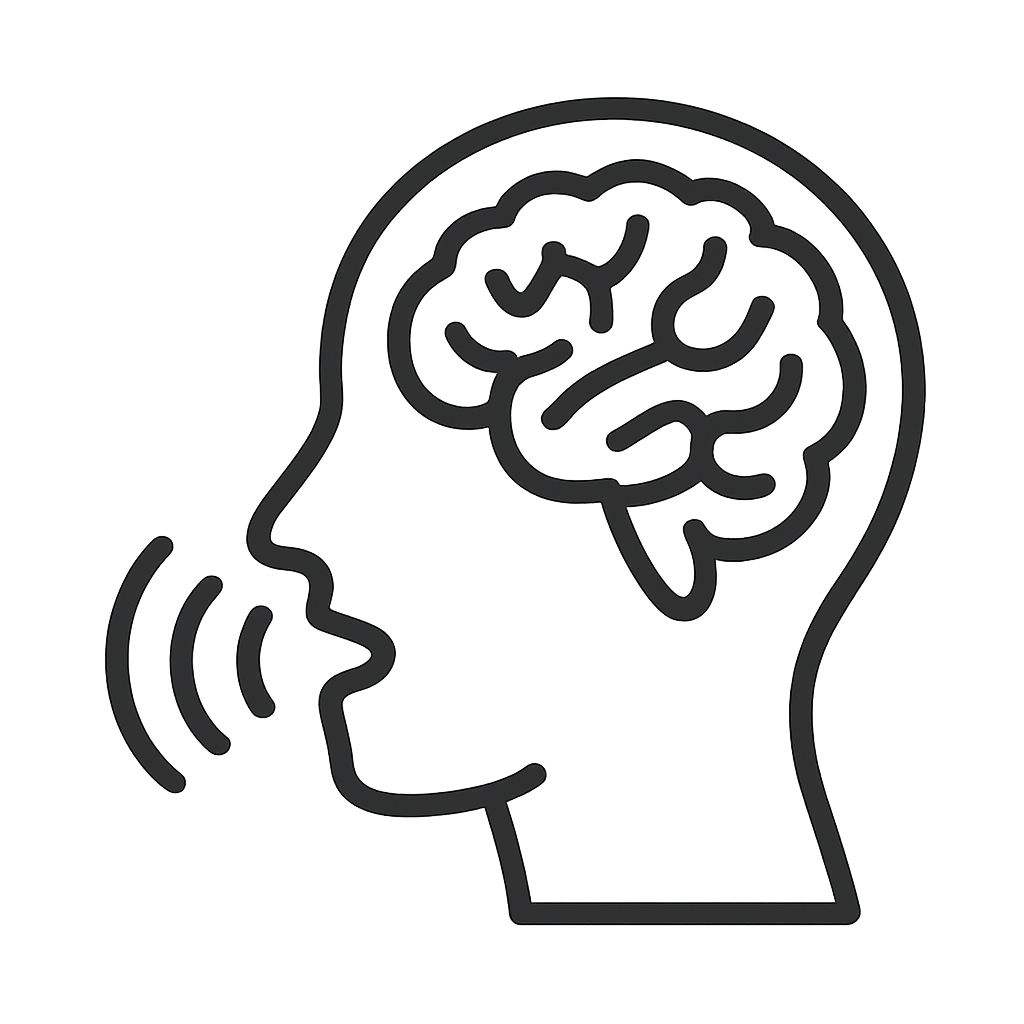 A grey line drawing of a person's head and shoulders facing left, with a squiggly line representing thought bubbles.